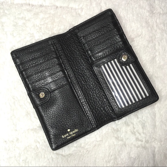 Kate Spade Black Leather Bill Fold Wallet Black White Stripe Interior - Picture 3 of 5